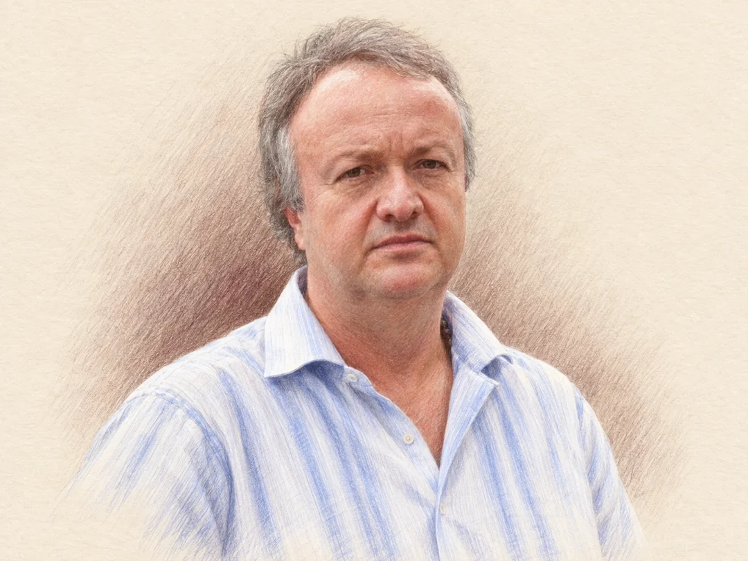 Retrato ilustrado de Ramiro Zuluaga Gómez, fundador de Relojes André